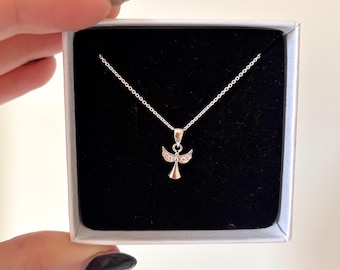 Sterling Silver Cubic Zirconia Angel Necklace with Heart - Minimalist Guardian Angel Jewellery