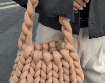 Chunky Yarn Knit Shoulder Bag – Handwoven Cotton Purse, Bulky Braided Bucket Bag, Soft Casual Purse For Women (Multiple Colors)
