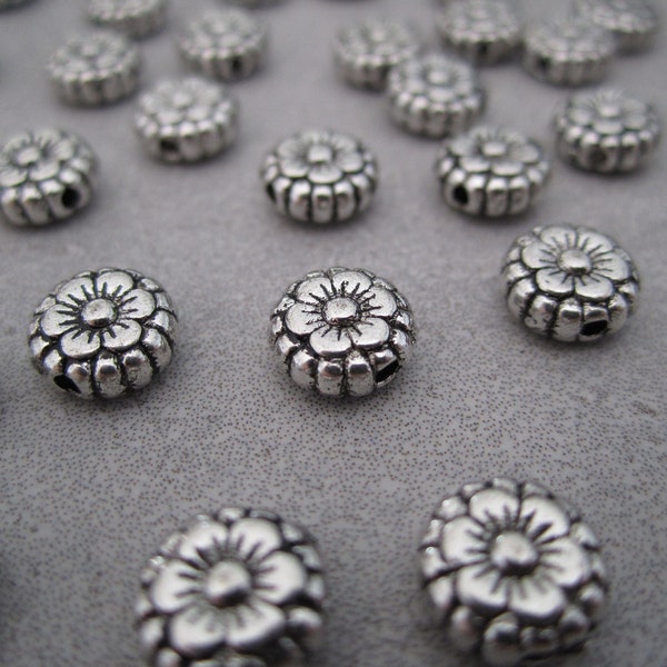 10 Perles intercalaire séparateur style tibétain fleur - 7,5x3,5mm, trou: 1mm - Argent en alliage - Perle pour bracelet et bijoux, collier