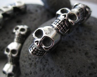 Perle de barbe Viking colonne Crane en acier inoxydable - 48x11mm, trou: 6mm - Argenté - dreadlocks, cheveux, bracelet et bijoux, collier