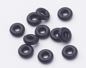 Kit de 10 Stopper pour la pose de Perle de barbe Viking - Anneaux en caoutchouc 6mm, trou: 2mm - Noir + élastiques en caoutchouc