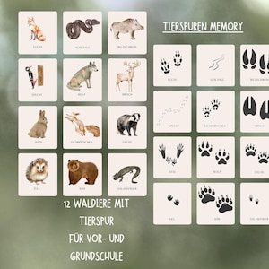 May include: A memory game featuring watercolor illustrations of forest animals and their tracks. The cards display animals like a fox, snake, and bear, along with their footprints. The text "TIERSPUREN MEMORY" and German text are visible.