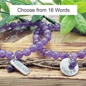 8mm Amethyst Beaded Custom Word Bracelet, Quote Jewelry, Healing Anxiety Mantra, Motivational Inspirational Quote,  Gifts for Her, Friends