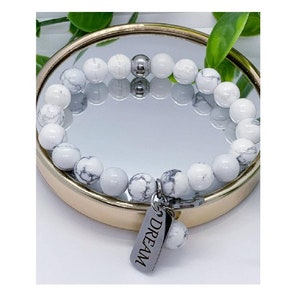 DREAM Howlite Beaded Custom Word Bracelet, Quote Jewelry, Healing Anxiety Mantra, Motivational Inspirational Quote,  Friends, Gifts for Her,