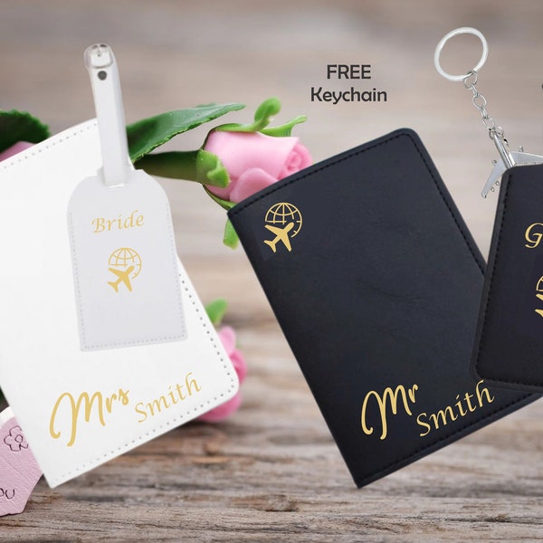 Bride, GroomPersonalised Passport Holder and Luggage Tag, Passport Cover, Faux Leather, Wedding Favor Gift, Travel Gift, Free Keychain, Sale