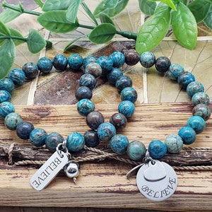 BELIEVE Kyanite Beaded Custom Word Bracelet, Quote Jewelry, Healing Anxiety Mantra, Motivational Inspirational Quote,  Gifts for Her