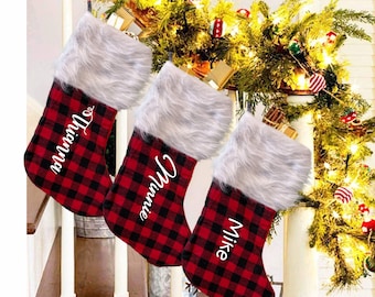 Custom Plaid Faux Fur Christmas Stocking, Personalized Name, Stocking Stuffers, Holiday Gifts, Christmas Decor, Home Decorations, On Sale