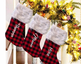 Custom Plaid Faux Fur Christmas Stocking, Personalized Name, Stocking Stuffers, Holiday Gifts, Christmas Decor, Home Decorations, On Sale