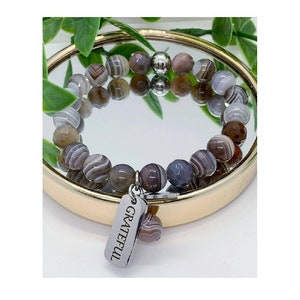 GRATEFUL Botswana Agate Beaded Custom Word Bracelet, Quote Jewelry, Healing Anxiety Mantra, Motivational Inspirational Quote,  Gifts for Her