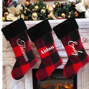 Personalized Plaid Christmas Stocking, Custom Name, Monogram, Faux Fur, Cotton Wool Blend, Stocking Stuffers, Holiday Decor, Christmas Gift
