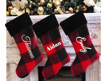 Personalized Plaid Christmas Stocking, Custom Name, Monogram, Faux Fur, Cotton Wool Blend, Stocking Stuffers, Holiday Decor, Christmas Gift