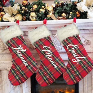 Thick Extra Large Plaid Fabric Christmas Stocking, 20&quot; x 6.5&quot;, Personalized Name, Stocking Stuffers,  Holiday Christmas Gift, Monogram, Sale