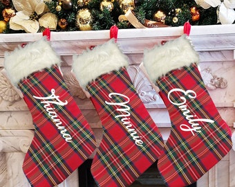 Thick Extra Large Plaid Fabric Christmas Stocking, 20" x 6.5", Personalized Name, Stocking Stuffers,  Holiday Christmas Gift, Monogram, Sale