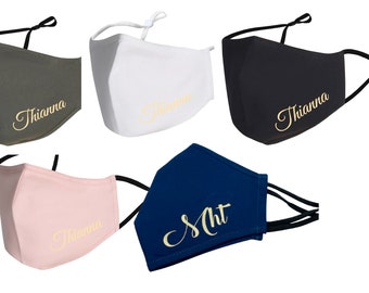 Gold Print Custom Name Face Mask Covers, 2 Ply Cotton Fabric, Reusable and Washable, Adjustable With Nose Wire, Adult Women or Teen