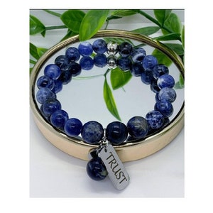TRUST Sodalite Beaded Custom Word Bracelet, Quote Jewelry, Healing Anxiety Mantra, Motivational Inspirational Quote,  Gifts for Her Him