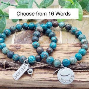 8mm Kyanite Beaded Quote Word Bracelet, Stretch Elastic, Mantra Healing, Gifts for Her, Custom Personalized Jewelry, Inspirational