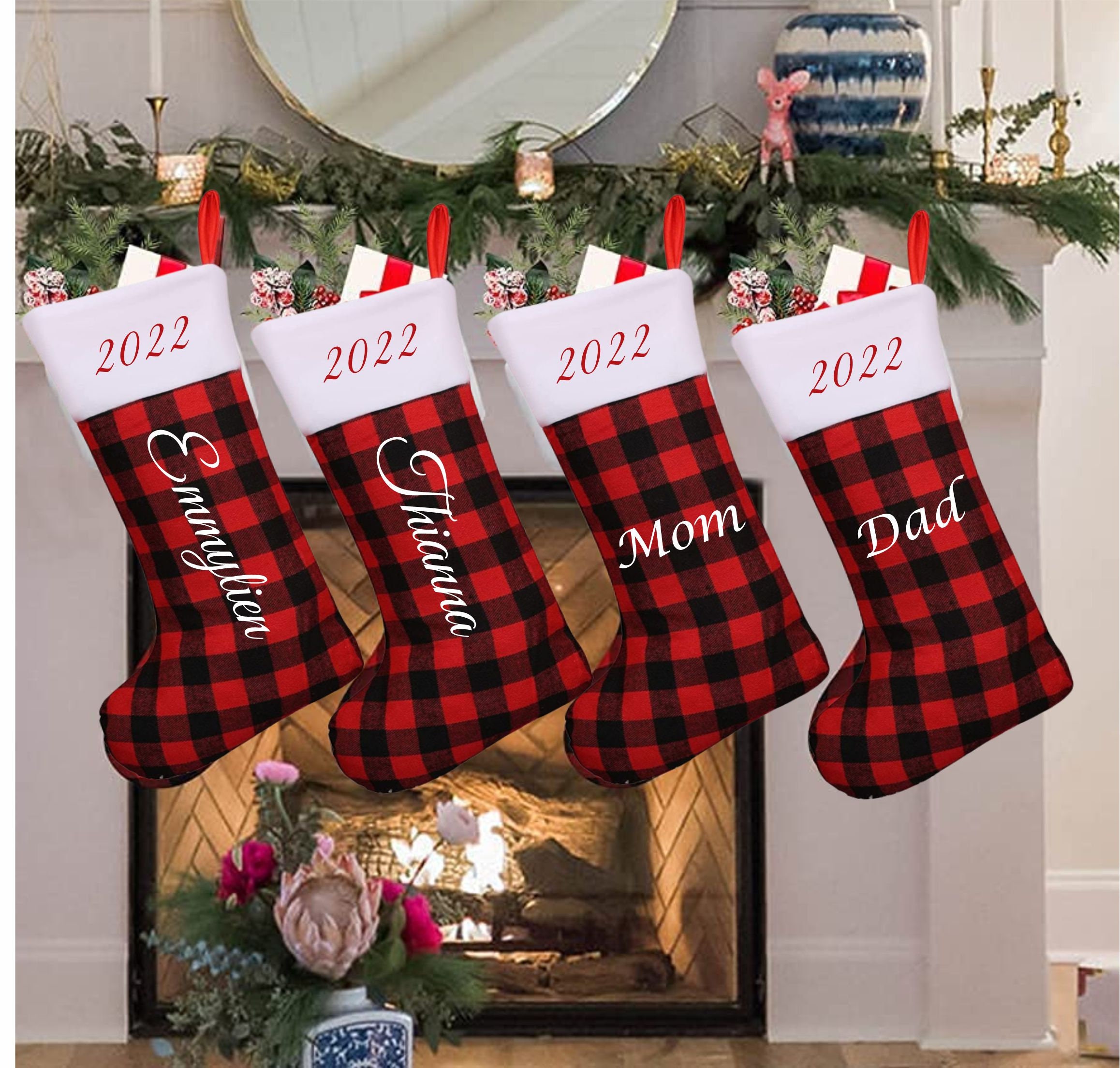 Personalized Red Plaid Felt Christmas Stocking, 16x7 Inch, Custom Name, Stocking Stuffers, Christmas Holiday Gifts, Christmas Decoration