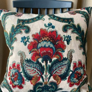 Sanderson vintage floral linen union cushion cover with green velvet back