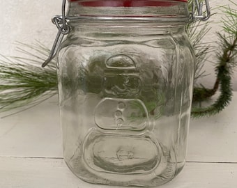 Vintage Anchor Hocking Wire Bale Lid Snowman Glass Jar