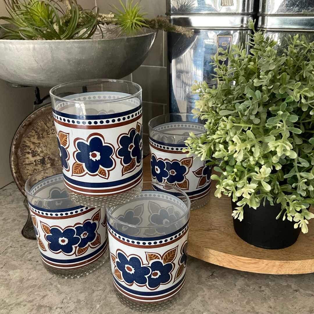 Mid Century Modern Vintage Rocks Glasses With Navy Flower and Brown ...