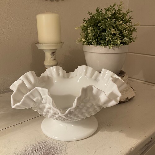 Vintage Hob Nail Milk Glass Compote Dish Scalloped Edge