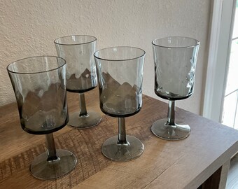 Libbey Smokey Gray Optic Swirl Wine/Water Vintage Goblets Set of 4