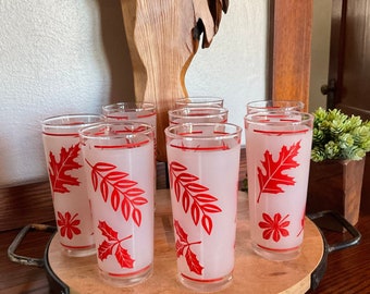 Set of 8 MCM Frosted Glass Red Foliage Tumblers