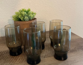 Vintage Brown Glass Tumbler Set of 5 Smokey Tawny Brown Retro Glassware Barware