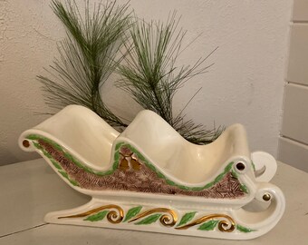 Vintage Mid Century Holly Berry/Bells Gold TrimCeramic Christmas 13” Santa Sleigh