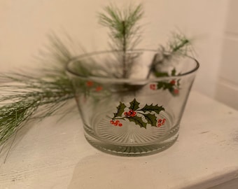 Vintage Holly and Berries Ice Bucket/Snack Bowl By Indiana Glass, Serving Bowl