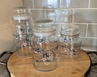 Vintage glass canisters, princess house heritage blossom canister set of three