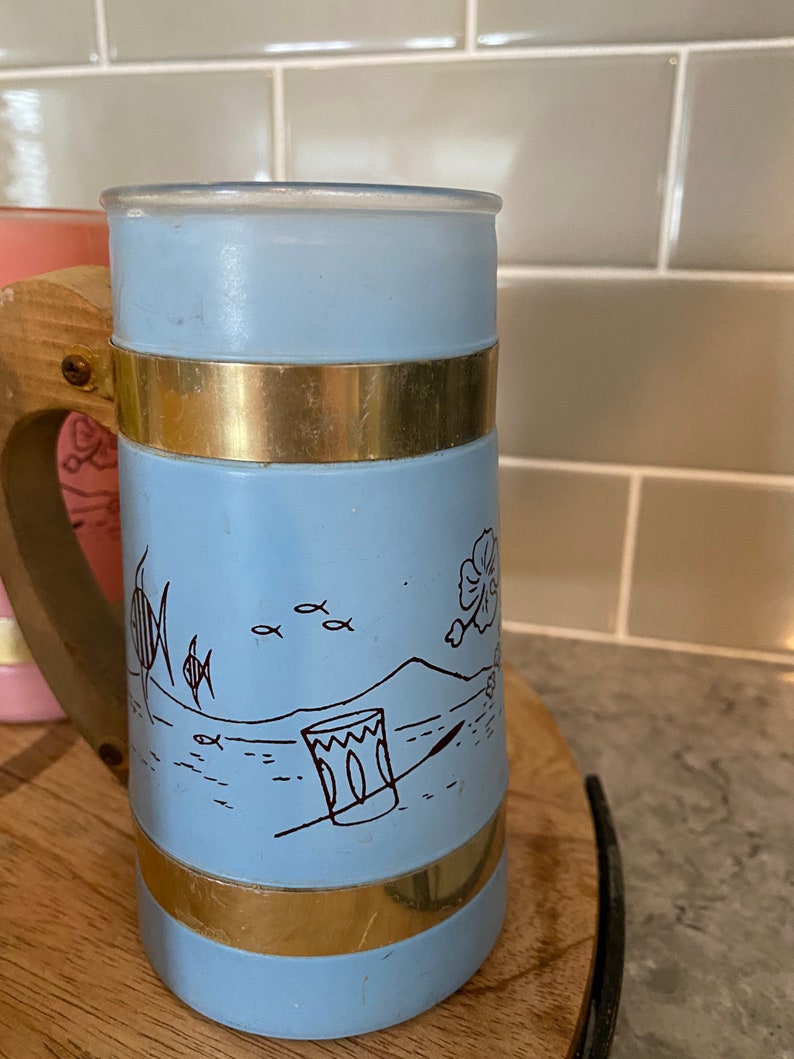 Siesta Ware Wooden Handle MugSet of 5Hawaiian ThemeFrosted Glass Mugs