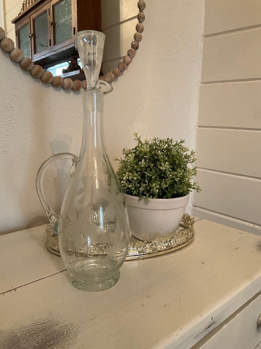 MCM Vintage Etched Decanter Flowers Glass Etched Stopper Etsy