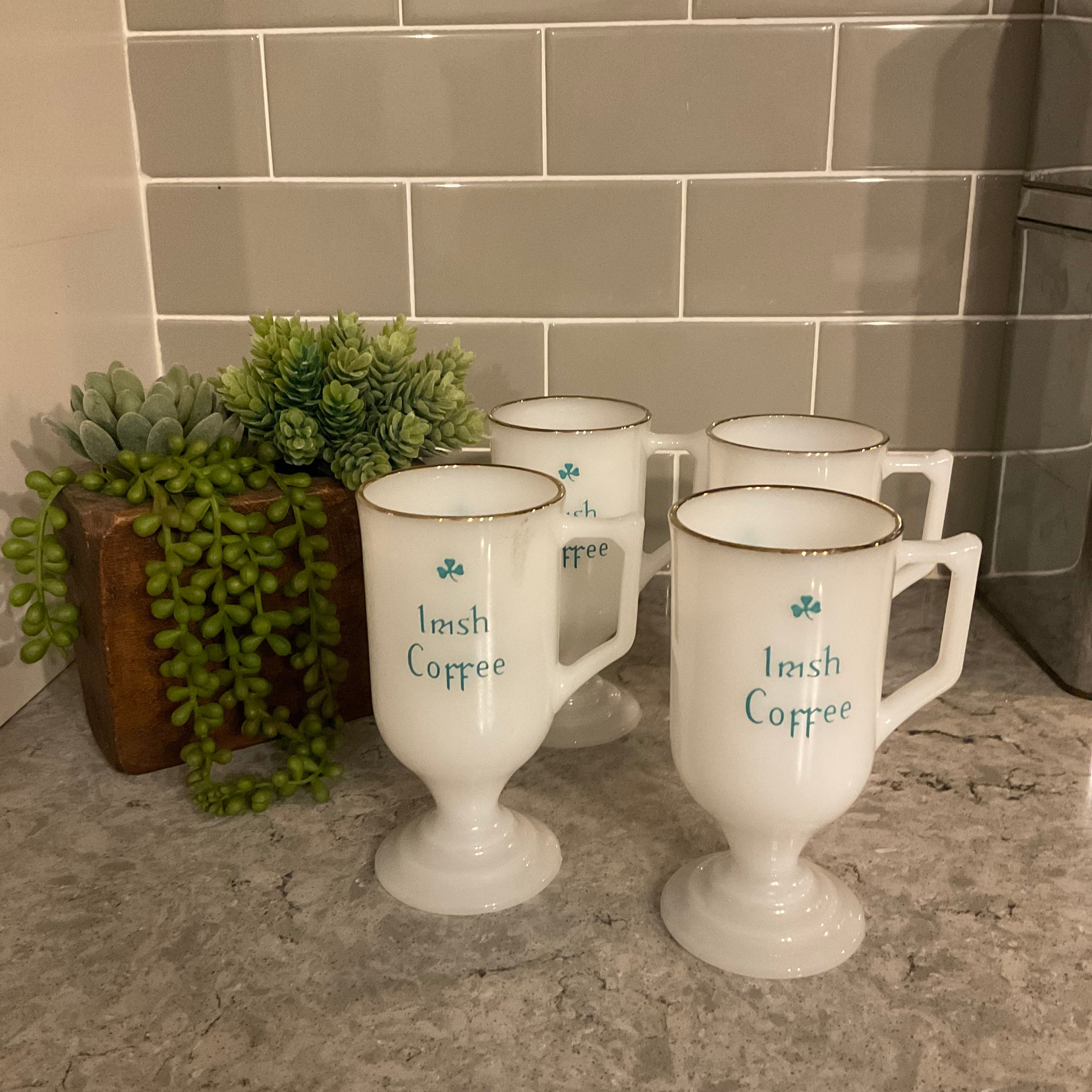 Vintage Set of 4 Footed Federal Glass Milk Glass Gold Rimmed Irish Coffee  Mugs