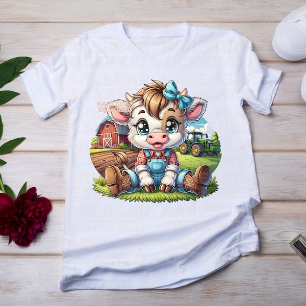 Country Farm Living Tractors Barns Blue Overalls Highland Cow PNG, Kawaii Cow,Country Girl Png, Png Sublimation Design, Digital Download PNG