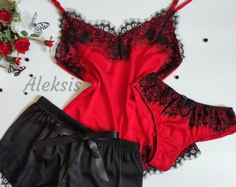 Silk Nightwear, Satin Cami Top pajama Set, Slip outfit, Sleepwear set, Camisole pj Set, Home Loungewear, Black shorts with lace