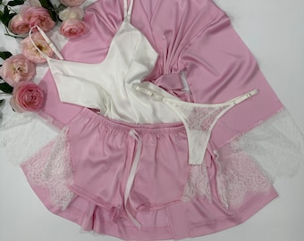 Silk Nightwear, Satin Cami Top pajama Set, Slip outfit, Sleepwear set, Camisole pj Set, Home Loungewear, Pink shorts with lace, pink robe