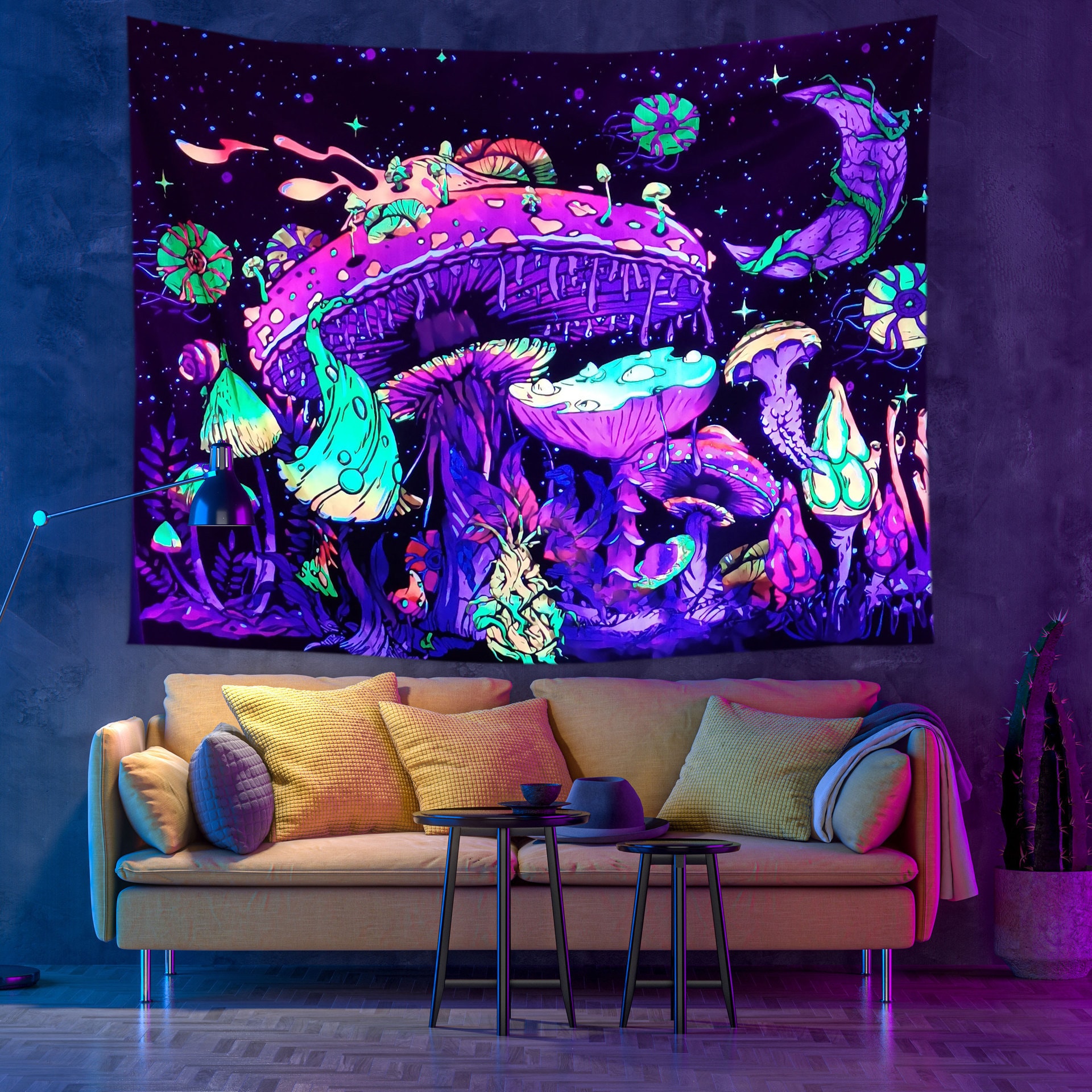 Blacklight UV Reactive Wall Tapestry Black Light Psychedelic Mushroom  Tapestry Black Light Ultraviolet Glowing Under Fluorescent Tapestry 