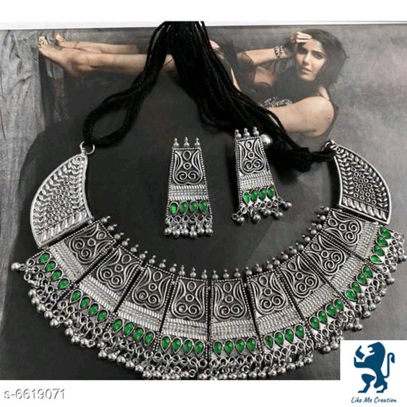 Pretty Lightweight Imitation Silver Oxidised Long Tribal Necklace German Silver Boho Necklace Afghani Oxidised Choker Set