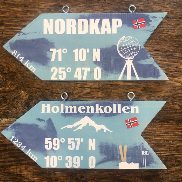 Wegweiser Schild Norwegen mit personalisierter km Zahl * Geschenk * Holmenkollen *  Elch * Urlaub * Nordkap