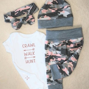 Sparkle Pink Camo Baby Girl Outfit, Hunt, Leggings, Pants, Bodysuit, Hat, Headband, Newborn, Coming Home