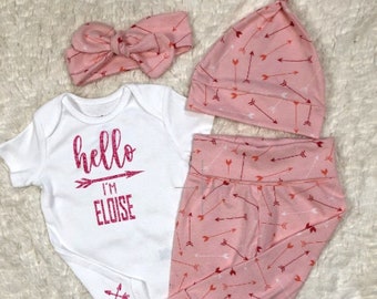 Personalized Newborn Girl Outfit: Pink Glitter Bodysuit, Arrow Leggings, Hat and Headband