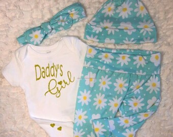 Sparkle Daddy's Girl Baby Outfit, Little Girl, Flowers, Leggings, Pants, Bodysuit, Hat, Headband, Newborn, Home Coming