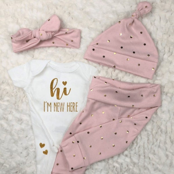 Sparkle Newborn Baby Girl Coming Home Outfit, Hi, I'm New Here, Pink, Gold Glitter, Leggings, Pants, Bodysuit, Hat, Headband, Hospital