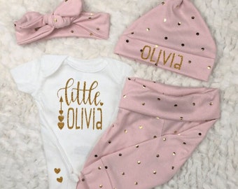 Sparkle Pink Baby Girl Outfit, Little Girl, Coming Home, Welcome Home, Leggings, Pants, Bodysuit, Hat, Headband, Personalized