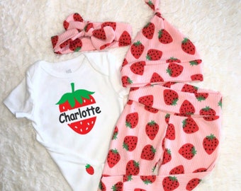 Strawberry Baby Girl Outfit, Berry Cute, Sweet, Personalized, Custom, Newborn, Coming Home, Leggings, Pants, Bodysuit, Hat, Headband