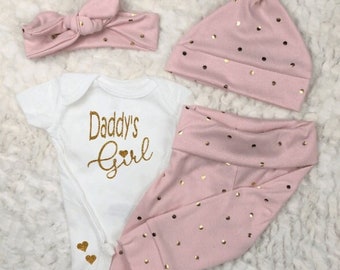 Sparkle Daddy's Girl Baby Outfit, Newborn, Coming Home, Little Girl, Pink, Gold Glitter, Leggings, Pants, Bodysuit, Hat, Headband