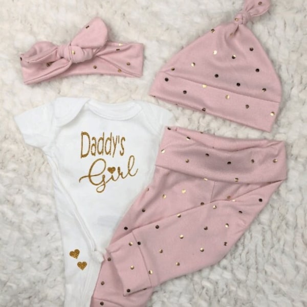 Sparkle Daddy's Girl Baby Outfit, Newborn, Coming Home, Little Girl, Pink, Gold Glitter, Leggings, Pants, Bodysuit, Hat, Headband