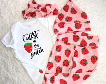 Strawberry Baby Girl Outfit, Cutest Berry in the Patch. Welcome, Newborn, Coming Home, Leggings, Pants, Bodysuit, Hat, Headband, Hospital