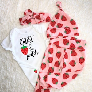 Strawberry Baby Girl Outfit, Cutest Berry in the Patch. Welcome, Newborn, Coming Home, Leggings, Pants, Bodysuit, Hat, Headband, Hospital